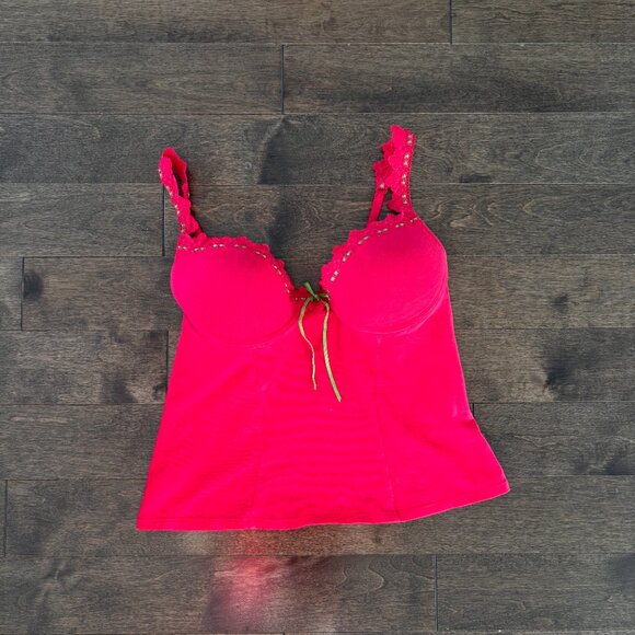 Hot Pink lingerie top with green stitching - Picture 1 of 5